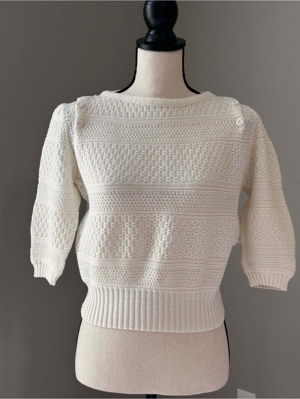 American Vintage Green Lantern 80’s Cream Knit Button-Shoulder Sweater